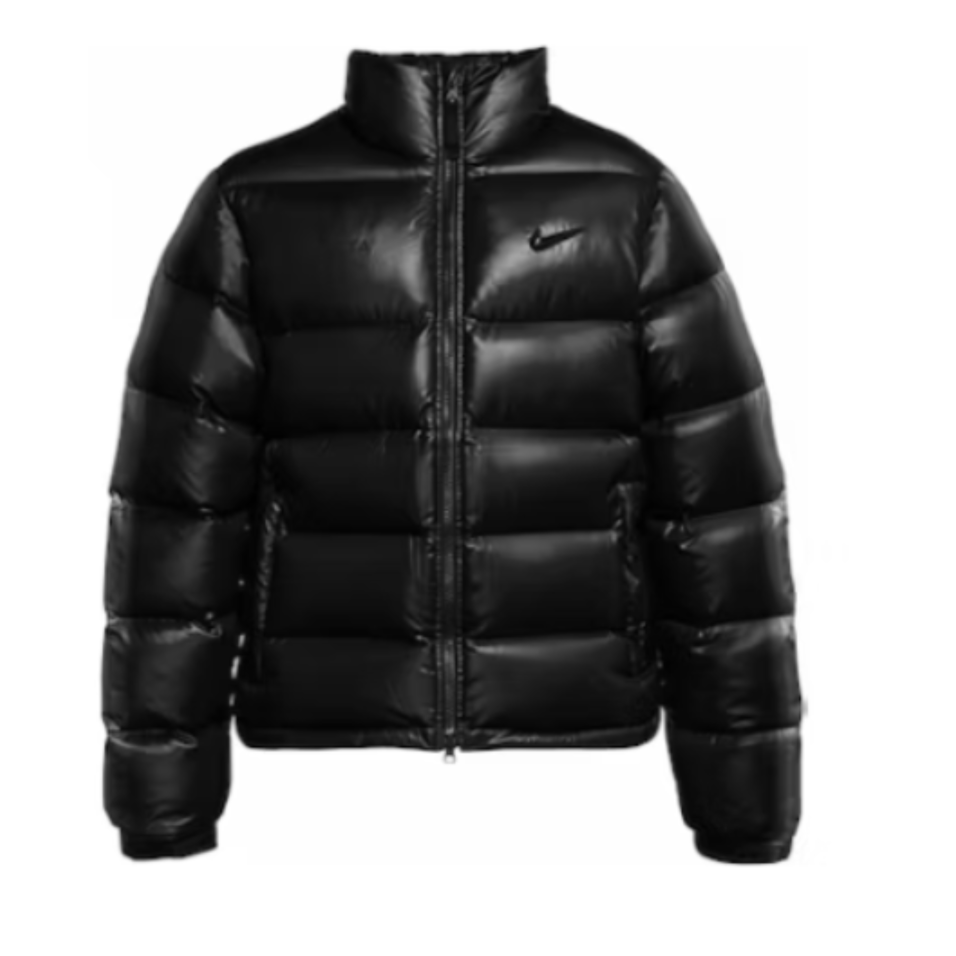 Black puffer jacket with Nike logo on a white background